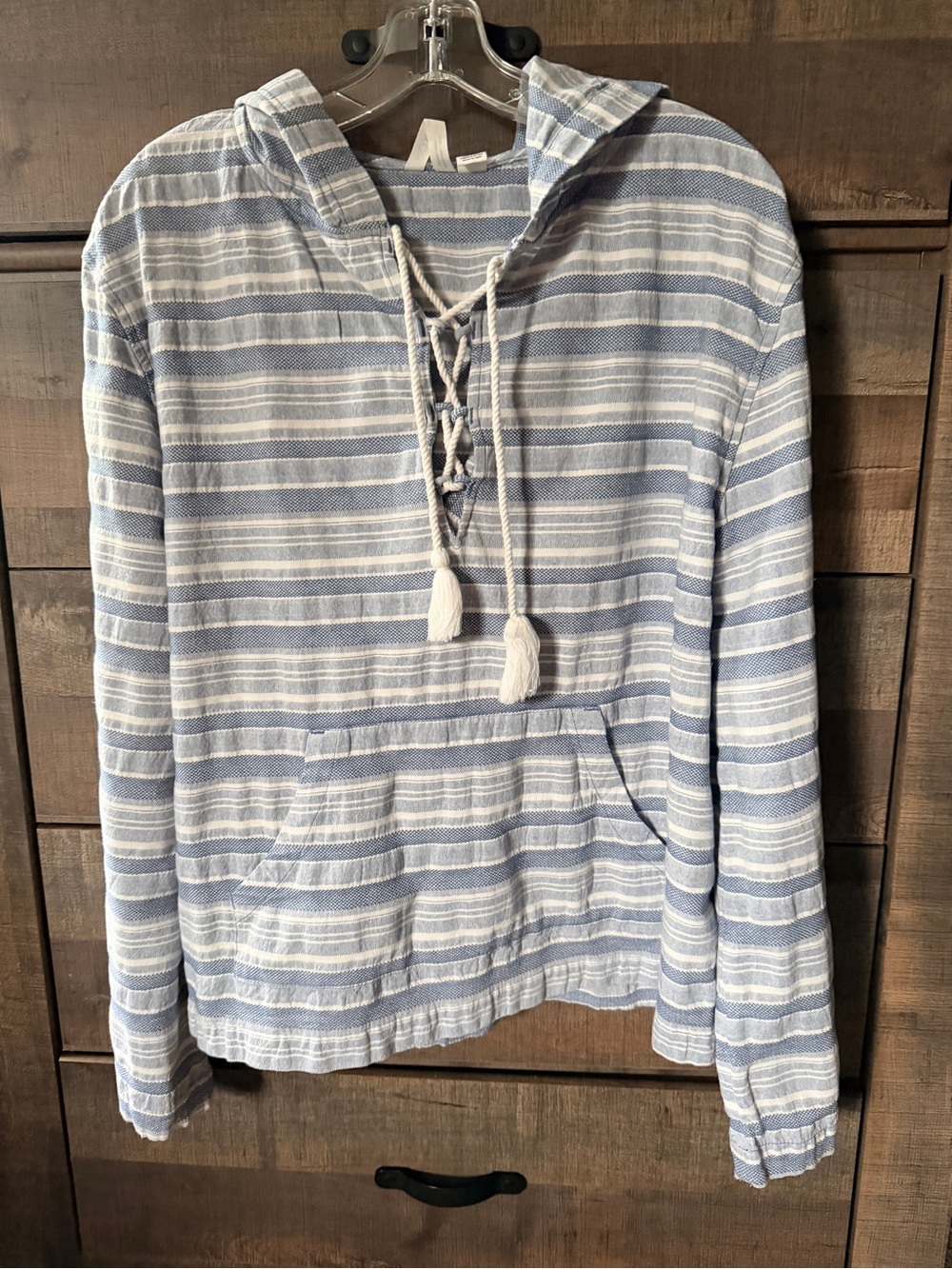 Ladie’s Hooded Lace-Up Pullover Sweater - Light Blue & White Stripe